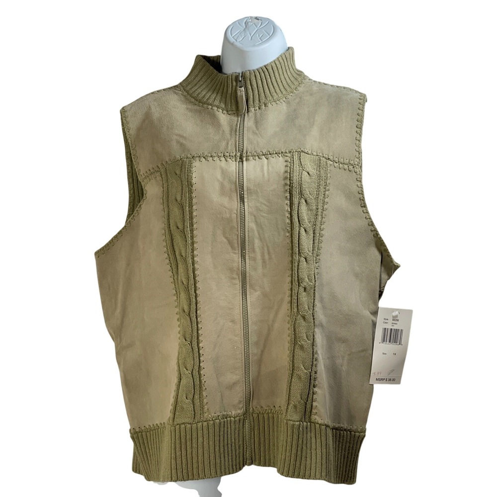 Designers Studio Originals  1X Suede Leather Mixed Media Zip Vest Khaki vtg